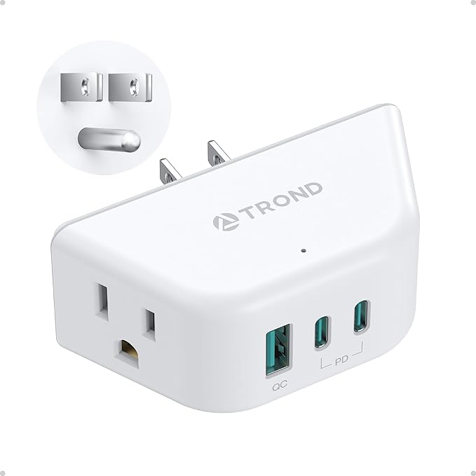 TROND Outlet Extender with USB C PD 20W, Outlet Splitter with 2 AC Sockets, 3-Side Design Wall Plug Adapter, for Home Office Cruise Travel Essentials, White