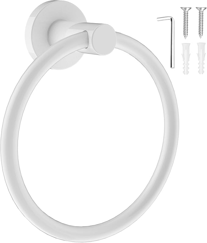 SetSail Towel Holder for Bathroom Wall Screw-in White Towel Ring Stainless Steel Hand Towel Holder Heavy Duty Towel Hanger for Bathrooms