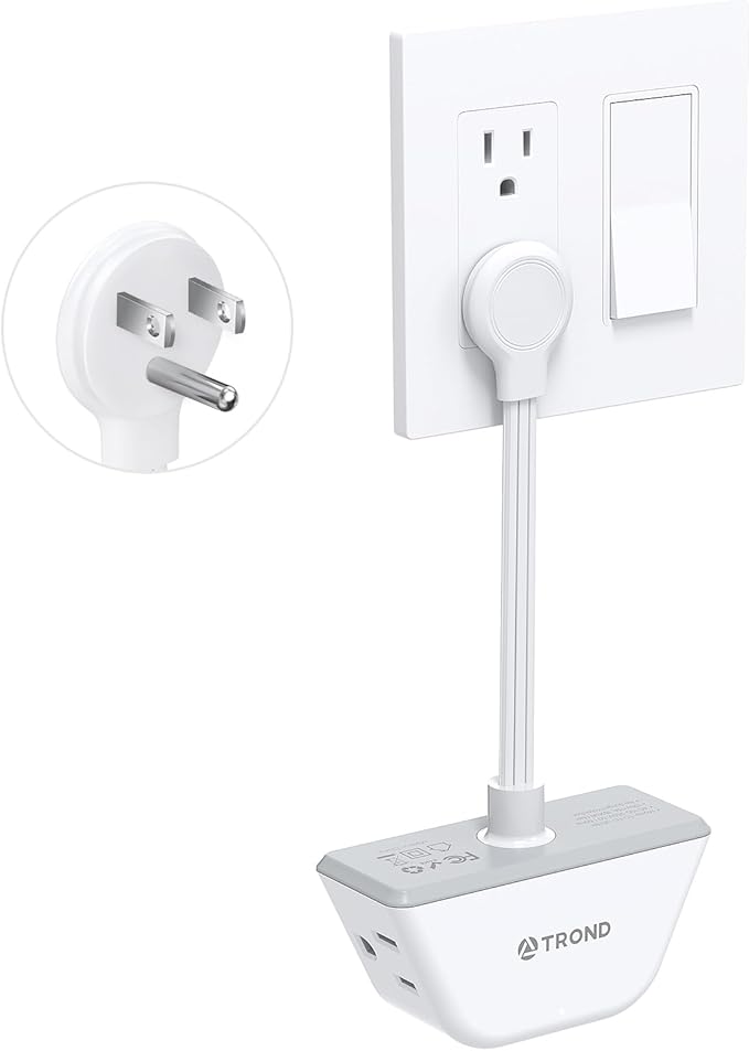 TROND Flat Outlet Extender with 6 Inch Cord - 3 Way Angled Plug Extension Outlet Adapter, Cruise Ship Essentials, Small Multiple Plug Splitter for Home Office Travel, White