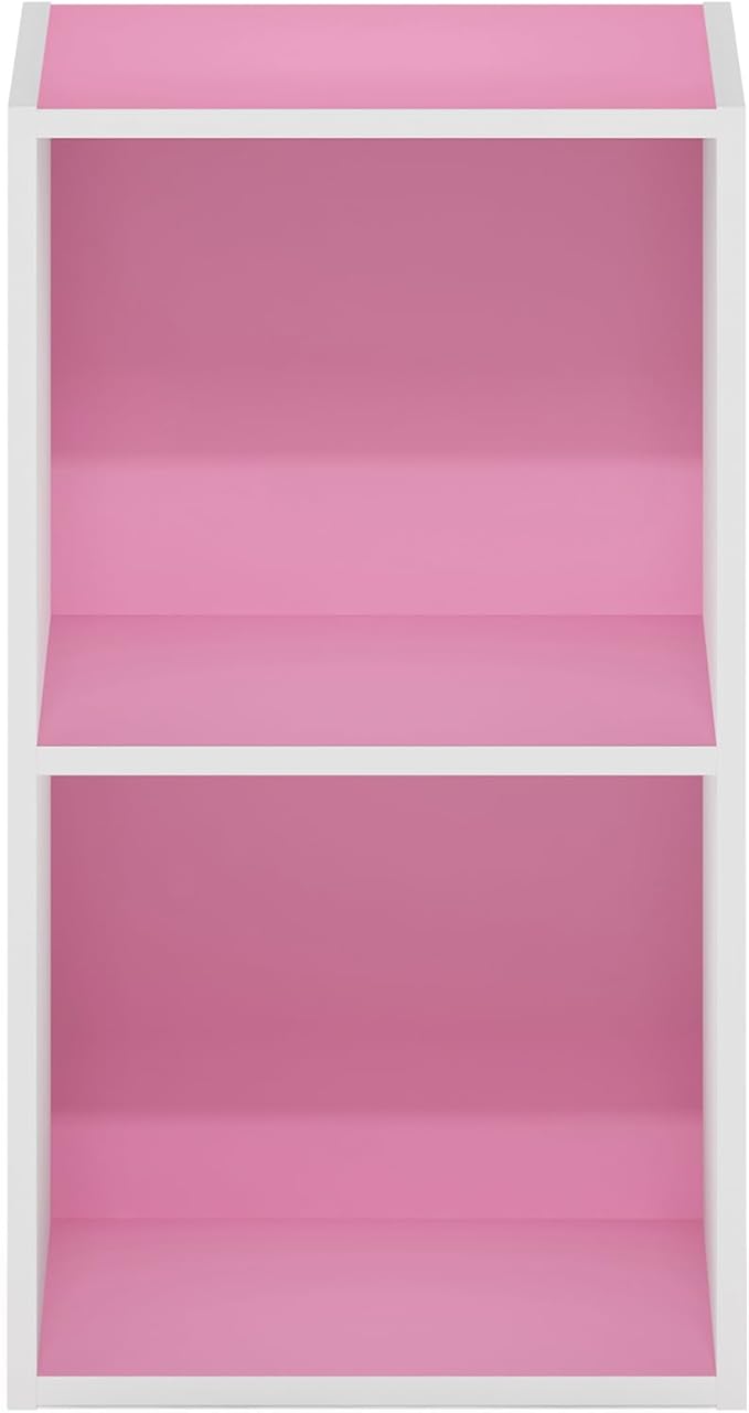 Furinno PASIR Book Shelf, 2-Tier Modern Bookshelf, Open Shelves Bookcase 9 x 12 x 21, Easy Assembly, for Living Room, Bedroom, Home Office, Pink/White