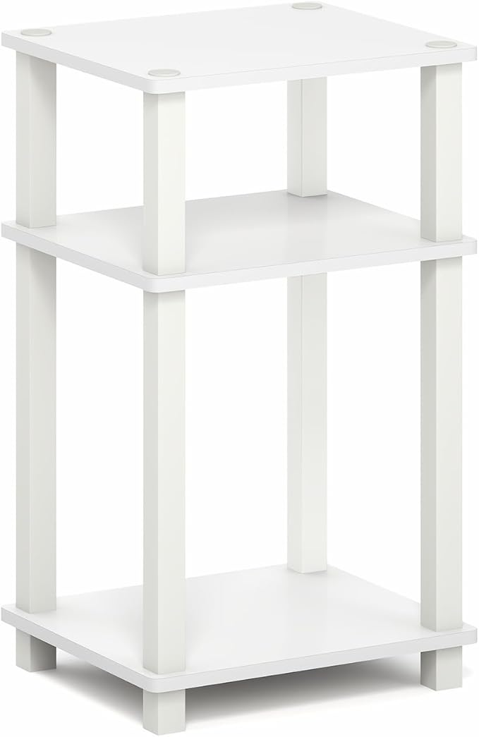 Furinno JUST Side Table, 3-Tier Open Shelf End Table, Toolless Assembly Night Stand, Bedside Table with Square Tube, for Living Room, Bedroom, White