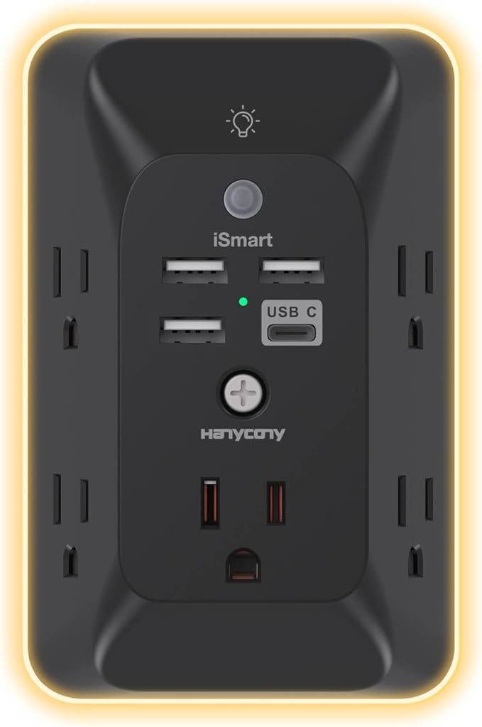 Black Outlet Extender with Night Light, HANYCONY Multi Plug Outlet, USB Wall Charger Surge Protector 4 USB Charging Port(1USB C), Power Strip Electrical Outlet Splitter Expander for Office Dorm Room