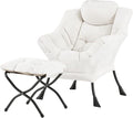 Welnow Lazy Chair with Ottoman, Modern Reading Accent Chair with Armrests and a Side Pocket, Leisure Upholstered Lazy Sofa Set with Footrest for Small Space, Beige