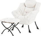 Welnow Lazy Chair with Ottoman, Modern Reading Accent Chair with Armrests and a Side Pocket, Leisure Upholstered Lazy Sofa Set with Footrest for Small Space, Beige