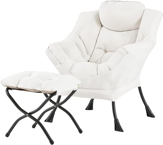 Welnow Lazy Chair with Ottoman, Modern Reading Accent Chair with Armrests and a Side Pocket, Leisure Upholstered Lazy Sofa Set with Footrest for Small Space, Beige