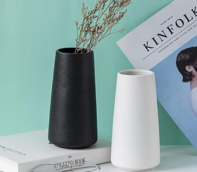 Quality Ceramic Flower Vase - 6 Inches Tall, Black, Pampas Vase for Farmhouse, Modern, Bohemian Home Decor