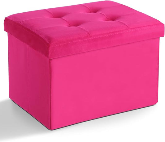 LINMAGCO Storage Ottoman Folding Foot Stool Velvet Foot Rest with Padded Modern Ottoman with Storage for Living Room Puppy Step Stool 17x13x13in(ROSEO)