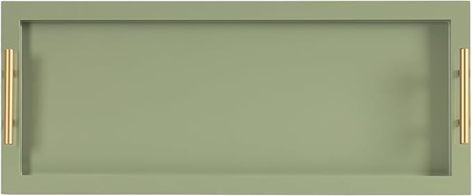 Kate and Laurel Halsey Rectangle Decorative Narrow Tray with Gold Metal Handles; 24 x 10; Green and Gold; Modern Glam Slim Serving Tray with Handles for Living Room Decor