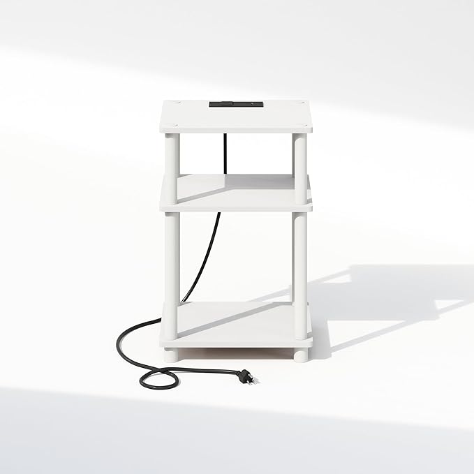 Furinno JUST Night Stand, 3-Tier Turn-N-Tube Nightstand with Charging Station, Bedside Table, End Table, Side Table with USB and Type-C Charging Port, for Bedroom, Closet, Dorm, White