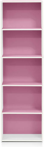 Furinno LUDER Book Shelf, 5-Tier Bookshelf, Bookcase with Open Shelves, 9.4 x 15.8 x 52, Easy Assembly, for Living Room, Bedroom, Home Office, White/Pink