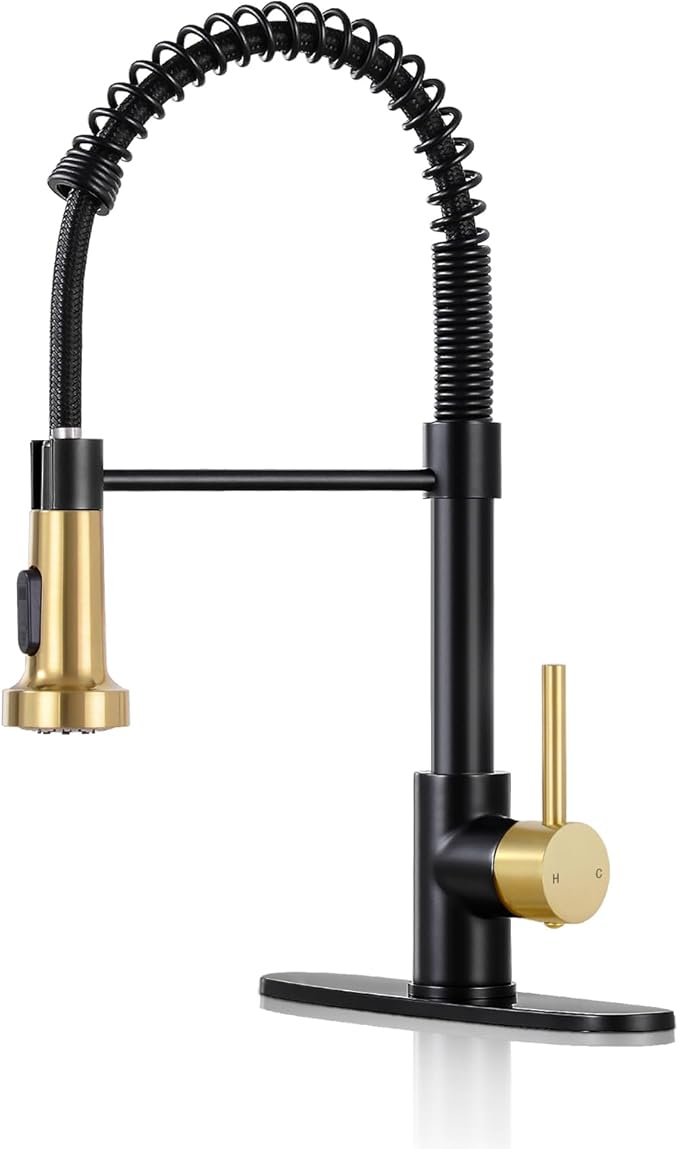 DJS Kitchen Faucets with Pull Down Sprayer Matte Black & Brushed Gold High Arc Single Handle 1 or 3 Holes Spring Kitchen Sink Faucet with Deck Plate for Farmhouse RV Vessel Basin