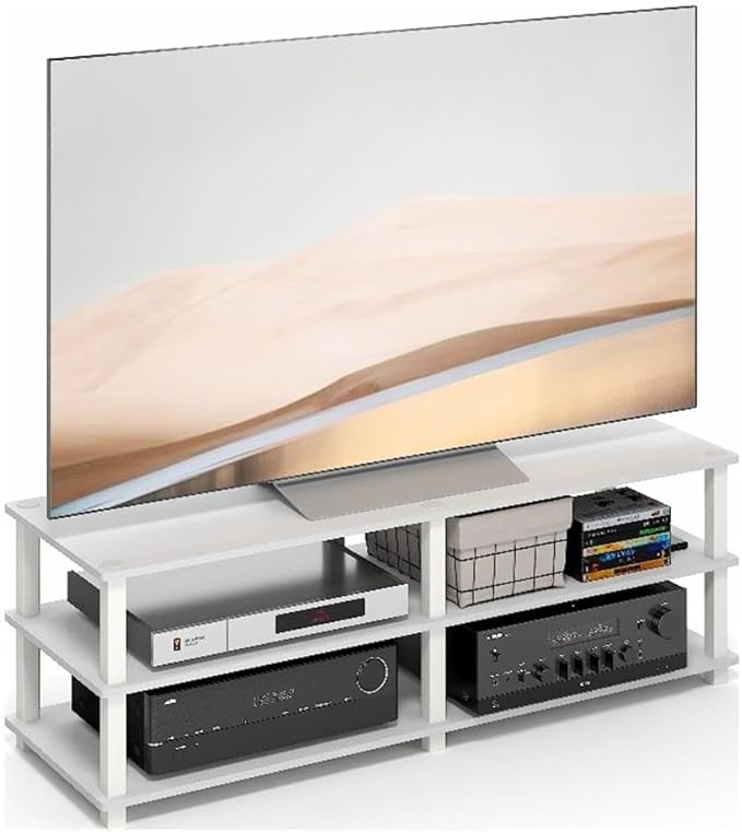 Furinno Turn-S-Tube TV Stand, 3-Tier Open Frame Design Entertainment Center, TV Console for TV up to 46 Inch, Toolless Assembly, for Living Room, Bedroom, White