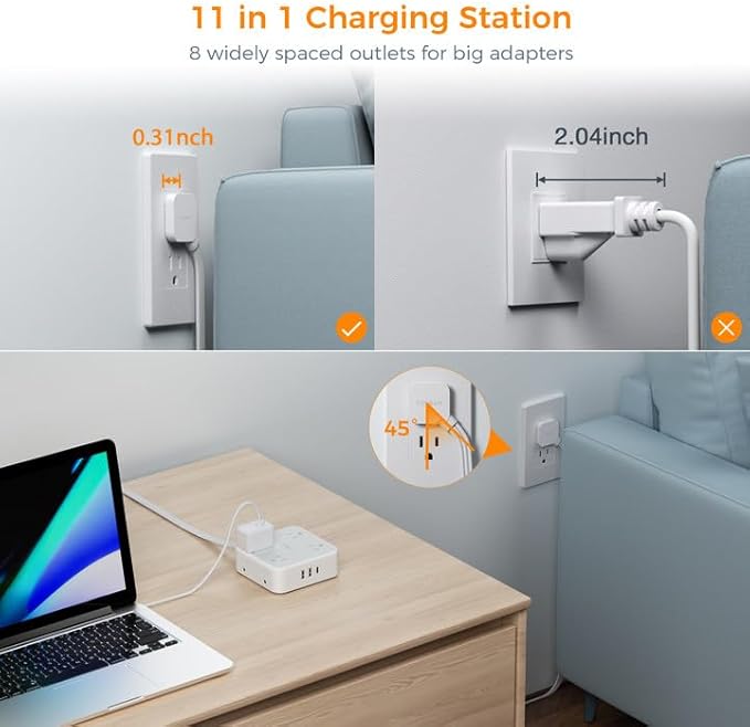 TESSAN Surge Protector Power Strip, 25 Ft Flat Plug Extension Cord with 3 USB (1 USB C) 8 Outlets, 1250W, 900J Protection, 3 Sided Outlet Extender with Power Switch for Office, Dorm Room, Grey