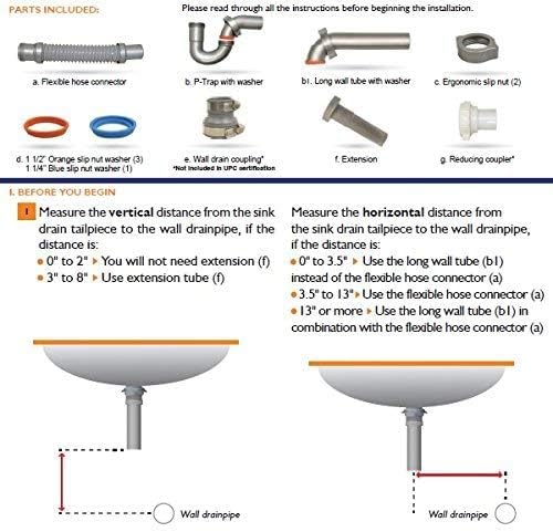 Snappy Trap Universal Flexible P Trap Bathroom Sink Drain Pipe Plumbing Kit for Home Improvement, No Leaks, Easy No Tool Installation, 9-13 Inch Flex Hose & 16 Inch Product Length (DK-105 Silver)