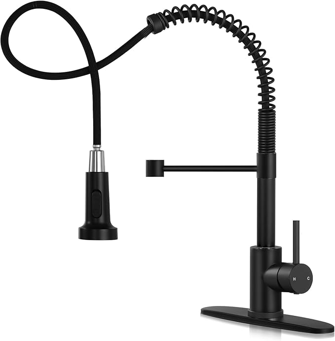 DJS Kitchen Faucets with Pull Down Sprayer Matte Black - Single Handle 1 or 3 Holes Spring Kitchen Sink Faucet with Deck Plate for Farmhouse RV Vessel Basin