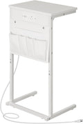 HOOBRO C Shaped End Table with Charging Station, 28" H Couch Side Table Slide Under, Sofa Arm Tray Table with Storage Bag for Living Room, Recliner, White WW70USF01