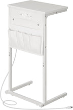 HOOBRO C Shaped End Table with Charging Station, 28" H Couch Side Table Slide Under, Sofa Arm Tray Table with Storage Bag for Living Room, Recliner, White WW70USF01