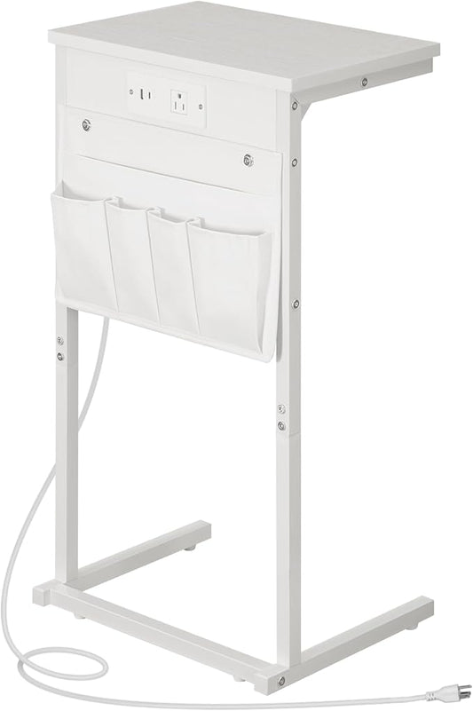 HOOBRO C Shaped End Table with Charging Station, 28" H Couch Side Table Slide Under, Sofa Arm Tray Table with Storage Bag for Living Room, Recliner, White WW70USF01