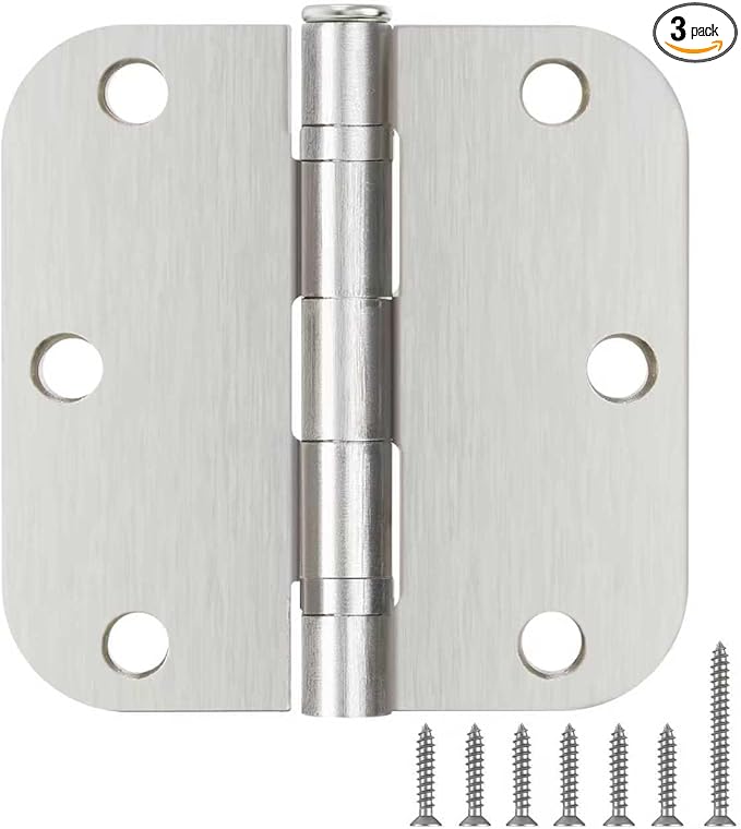 3 Pack Rounded Satin Nickel Door Hinges 3.5 Inch 5/8"Radius No Squeak Ball Bearing Interior 3-1/2"Flat Iron Bifold Residential Standard Bedroom Indoor for Doors 3 ½" Hardware Control House Home Decor