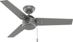 Hunter 44 inch Outdoor or Indoor Ceiling Fan No Light - Ceiling Fan without Light, For Patio, Porch, Garage, or Living Room, Standard Mount, 3 Blades, Pull Chain - Cassius 50256, Matte Silver