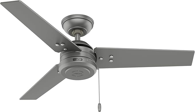 Hunter 44 inch Outdoor or Indoor Ceiling Fan No Light - Ceiling Fan without Light, For Patio, Porch, Garage, or Living Room, Standard Mount, 3 Blades, Pull Chain - Cassius 50256, Matte Silver