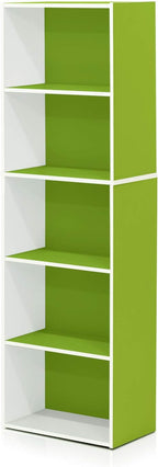 Furinno LUDER Book Shelf, 5-Tier Bookshelf, Bookcase with Open Shelves, 9.4 x 15.8 x 52, Easy Assembly, for Living Room, Bedroom, Home Office, White/Green