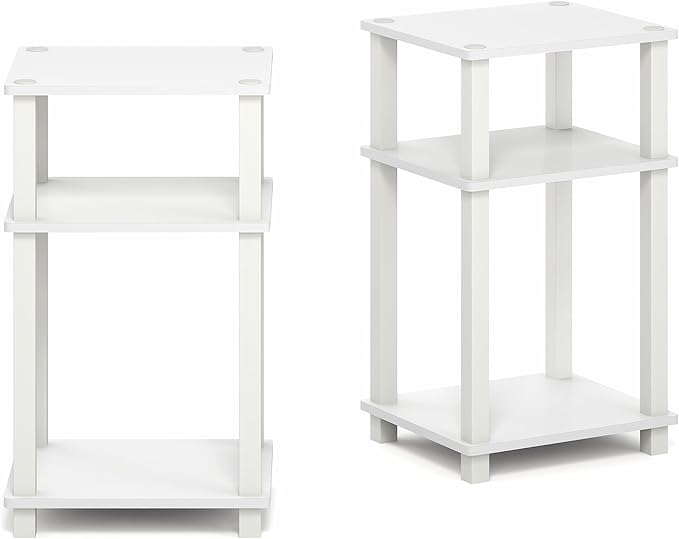 Furinno JUST Side Table Set of 2, 3-Tier Open Shelf Modern End Table, Toolless Assembly Night Stand, Bedside Table with Square Tube, for Living Room, Bedroom, White