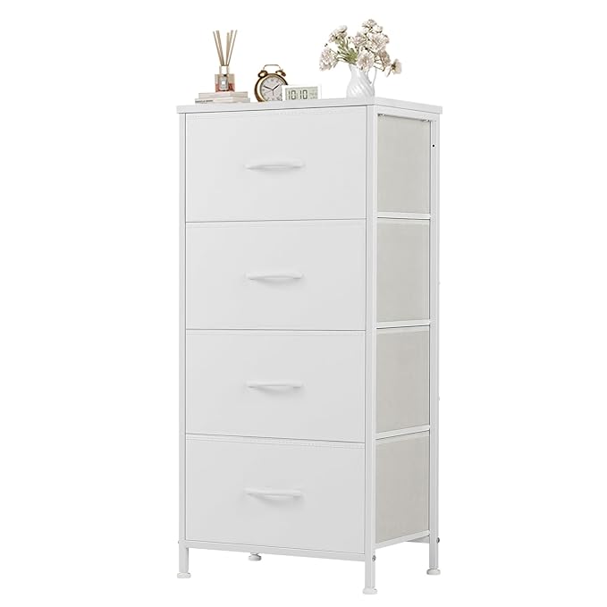 Dresser for Bedroom with 4 Drawers, Anti-Tip Tall Fabric Chests Storage Organizer Tower Furniture with Wooden Top Metal Frame for Clothes, Closet, Living Room, Hallway, Entryway