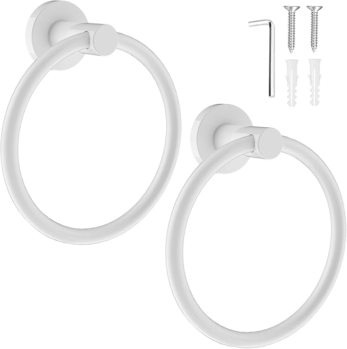 SetSail Towel Holder for Bathroom Wall Screw-in White Towel Ring Stainless Steel Heavy Duty Hand Towel Hanger for Bathrooms, Kitchen, 2 Packs