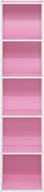 Furinno PASIR Book Shelf, 5-Tier Modern Bookshelf, Open Shelves Bookcase 9 x 12 x 52, Easy Assembly, for Living Room, Bedroom, Home Office, Pink/White