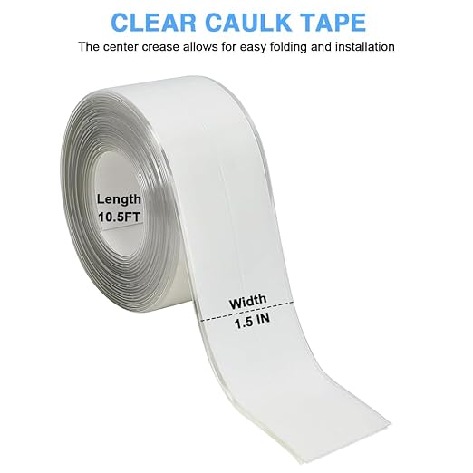 2 Rolls Caulk Tape Self Adhesive, Clear Waterproof Caulking Sealing Tape Peel and Stick for Bathroom Toilet Sink Kitchen Countertop Cabinet Baseboard Trim Wall Floor Tile Grout Glue, Transparent