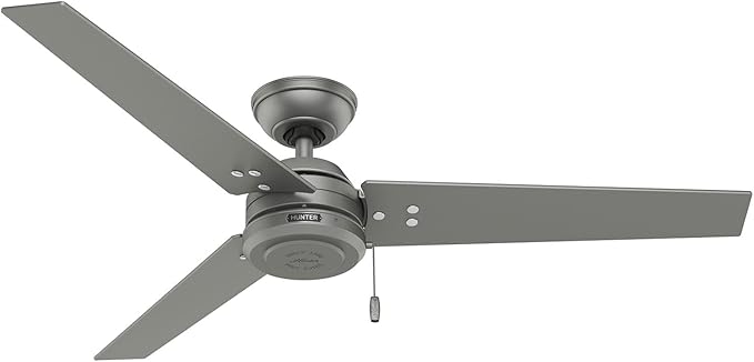 Hunter 52 inch Outdoor or Indoor Ceiling Fan No Light - Silver Ceiling Fan without Light, For Patio, Porch, Garage, or Living Room, Standard Mount, 3 Blades, Pull Chain - Cassius 59262, Matte Silver