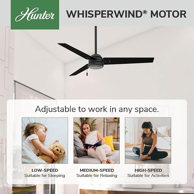 Hunter 52 inch Outdoor or Indoor Ceiling Fan No Light - Black Ceiling Fan without Light, For Patio, Porch, Garage, or Living Room, Standard Mount, 3 Blades, Pull Chain - Cassius 59264, Matte Black
