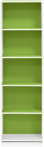 Furinno LUDER Book Shelf, 5-Tier Bookshelf, Bookcase with Open Shelves, 9.4 x 15.8 x 52, Easy Assembly, for Living Room, Bedroom, Home Office, White/Green