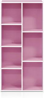 Furinno LUDER Book Shelf, 7-Cube Bookshelf, Bookcase with Open Shelves, 9.4 x 19.5 x 41.7, Easy Assembly, for Living Room, Bedroom, Home Office, White/Pink