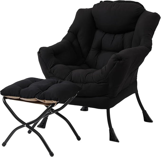 Welnow Lazy Chair with Ottoman, Modern Accent Chair with Armrests and a Side Pocket, Leisure Sofa Armchair Set, Reading Armchair with Footrest for Small Space, Black