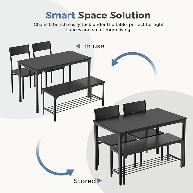 DUMOS Dining Table, Dining Table Set for 4 with Bench, Easy to Assemble Kitchen Table, Space-Saving Ideal 4-Person Set for Dining Room Kitchen Apartment Corner Black 4 Pack