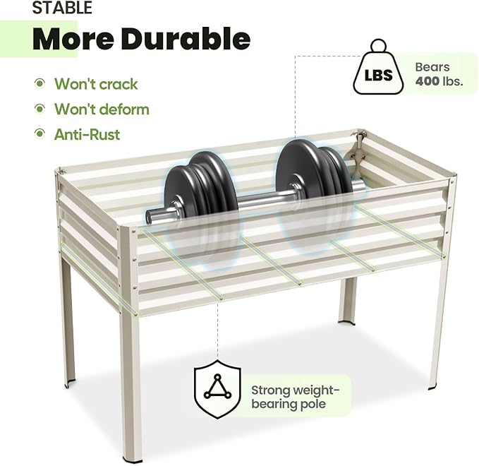 KING BIRD Large Raised Garden Bed with Netting Galvanized Elevated Planter Box with Legs 48×24×56 in for Backyard, Patio, Balcony, 400lb Capacity, Beige