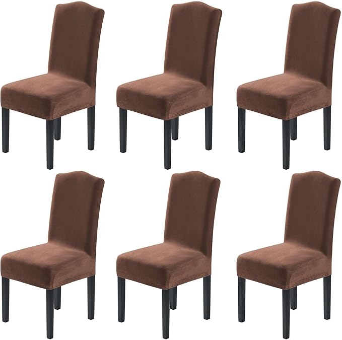 H.VERSAILTEX Velvet Dining Chair Covers Stretch Chair Covers for Dining Room Set of 6 Parson Chair Slipcovers Chair Protectors Covers Dining, Soft Thick Solid Velvet Fabric Washable, Caramel Cafe