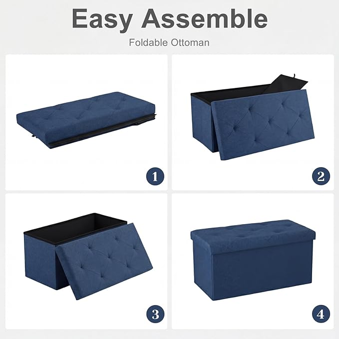 DUMOS 30in Foldable Storage Ottoman Bench, Ottoman Bench Foot Rest Stool with Padded Seat, Bedroom Bench with for Living Room, Support 660lbs, Blue