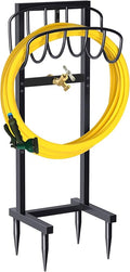 Outdoor Garden Hose Holder Freestanding with Brass Faucet And 4 Spikes, Heavy Duty Metal Water Hose Reel Stand Hanger Rack Organizer Holds Storage 150ft Hose for Outside Yard Lawn, Black
