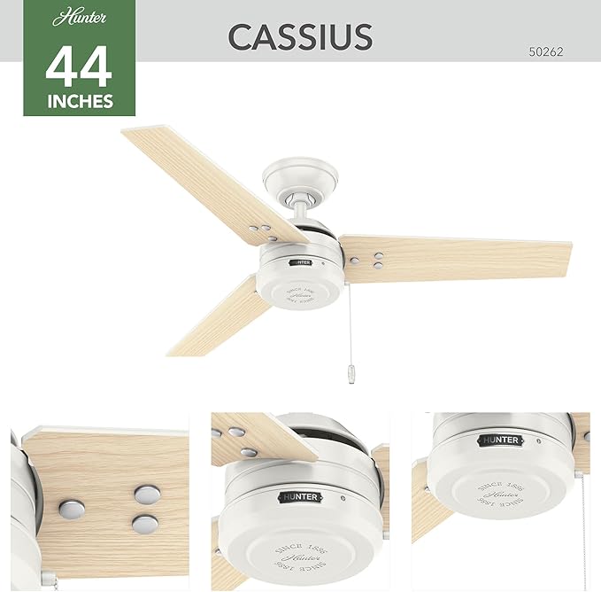 Hunter 44 inch Outdoor or Indoor Ceiling Fan No Light - White Ceiling Fan without Light, For Patio, Porch, Garage, or Living Room, Standard Mount, 3 Blades, Pull Chain - Cassius 50262, Fresh White