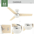 Hunter 44 inch Outdoor or Indoor Ceiling Fan No Light - White Ceiling Fan without Light, For Patio, Porch, Garage, or Living Room, Standard Mount, 3 Blades, Pull Chain - Cassius 50262, Fresh White