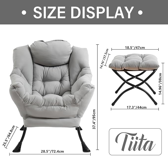 Tiita Lazy Chair with Ottoman, Light Grey Modern Large Accent Chair, Comfy Leisure Sofa Armchair with Ottoman, Reading Chair with Footrest for Bedroom, Living Room, Dorm Rooms, Light Grey