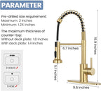 DJS Kitchen Faucets with Soap Dispenser - Dual Mode Setting Single Handle 1 or 3 Holes Commercial Black Kitchen Sink Faucet with Deck Plate for Farmhouse RV Vessel Basin (Brush Gold)
