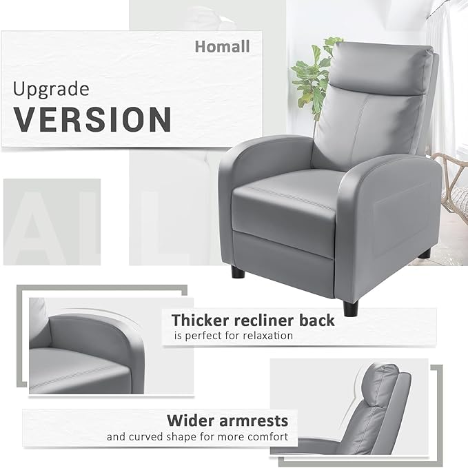 Homall Recliner Chair, Recliner Sofa for Adults, Recliners Home Theater Seating with Lumbar Support, Reclining Sofa Chair for Living Room (Leather, Grey)
