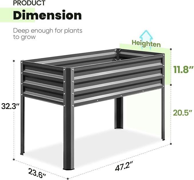 KING BIRD Raised Garden Bed with Irrigation System and Legs Galvanized Elevated Planter Box 48×24×30 in for Backyard, Patio, Balcony, 400lb Capacity, Dark Grey