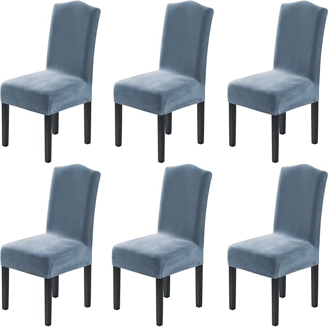 H.VERSAILTEX Velvet Dining Chair Covers Stretch Chair Covers for Dining Room Set of 6 Parson Chair Slipcovers Chair Protectors Covers Dining, Soft Thick Solid Velvet Fabric Washable, Stone Blue