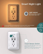 Surge Protector, Outlet Extender with Night Light, Addtam 5-Outlet Splitter and 4 USB Ports(PD 20W), Multi Plug Wall Outlet Power Strip for Home Office Dorm Room Essentials