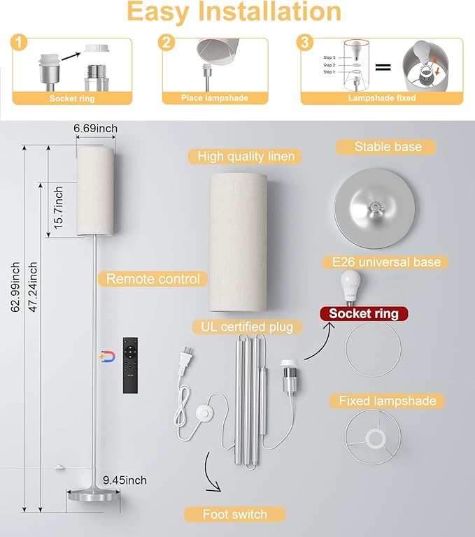 luckystyle LED Floor Lamp for Living Room, Dimmable Standing Lamps with Foot Switch,Remote Custom Color Temperature Silver Pole Lamp with Lampshade,12W Led Bulb Tall Lamps for Bedroom Office Kid Room